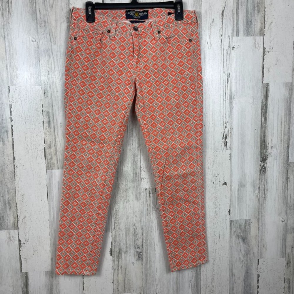 Lucky Brand Charlie‎ Capri pant 6 orange diamond print geometric funky stretch